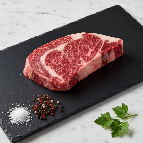 Raw steak on a black slate with salt, pepper, and parsley on a marble background
